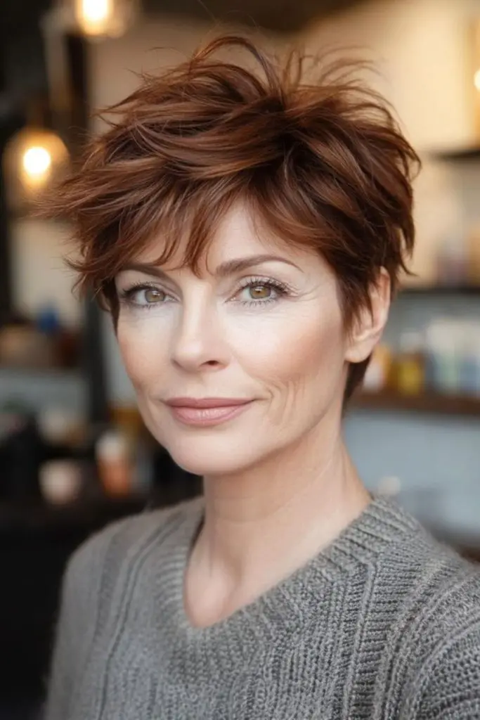 "Sassy feathered pixie with layered texture."