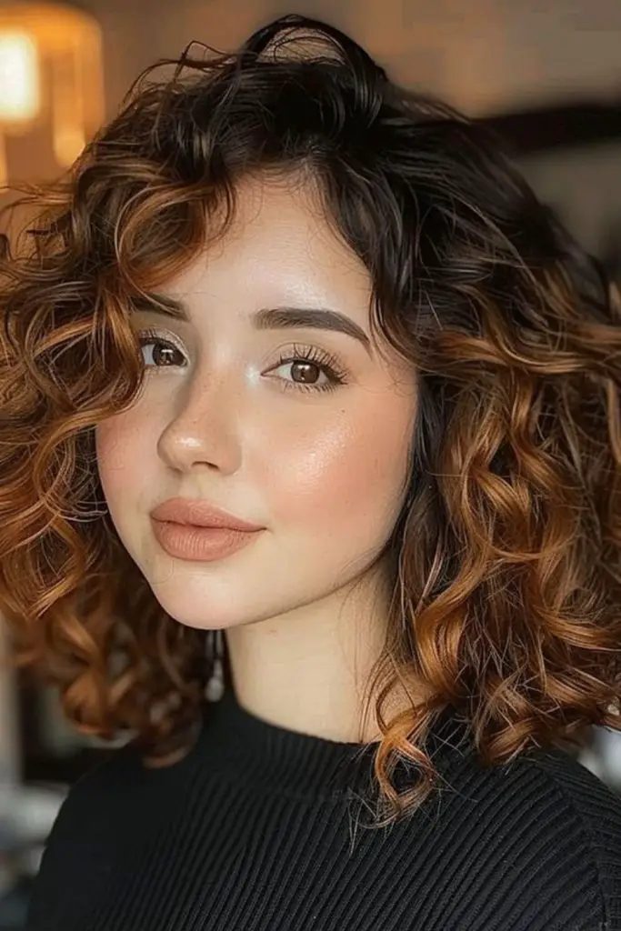 "Loose curls with stylish side fringe."