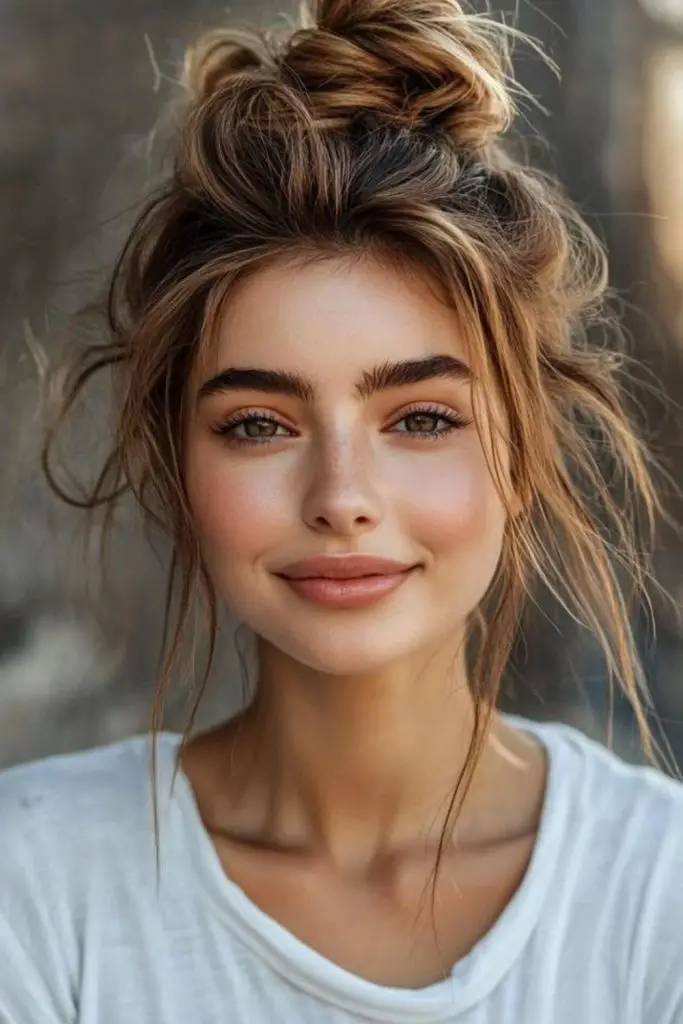High messy bun with loose tendrils.