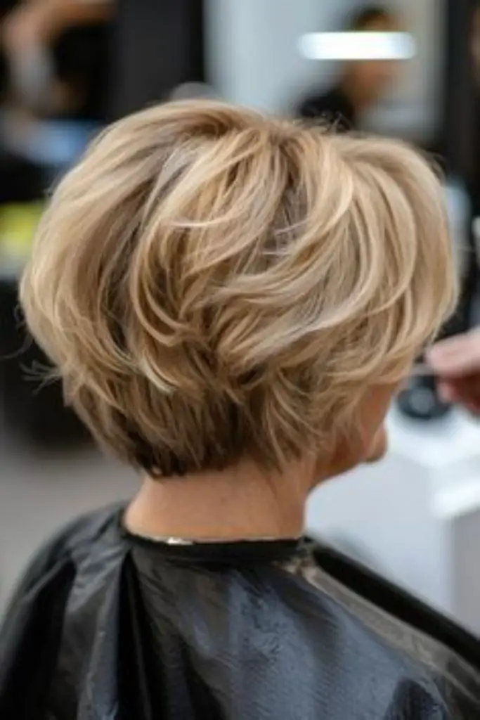 "Messy feathered bob with textured layers."