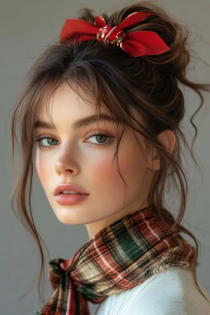 Relaxed, festive messy bun hairstyle.