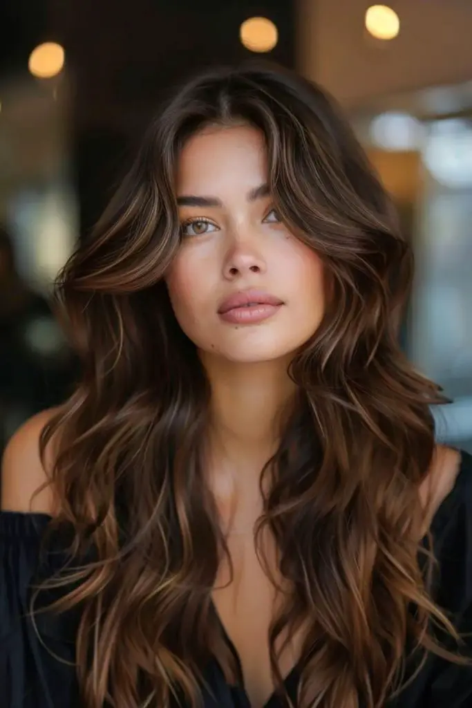 Mocha melt balayage with sunlit strands.