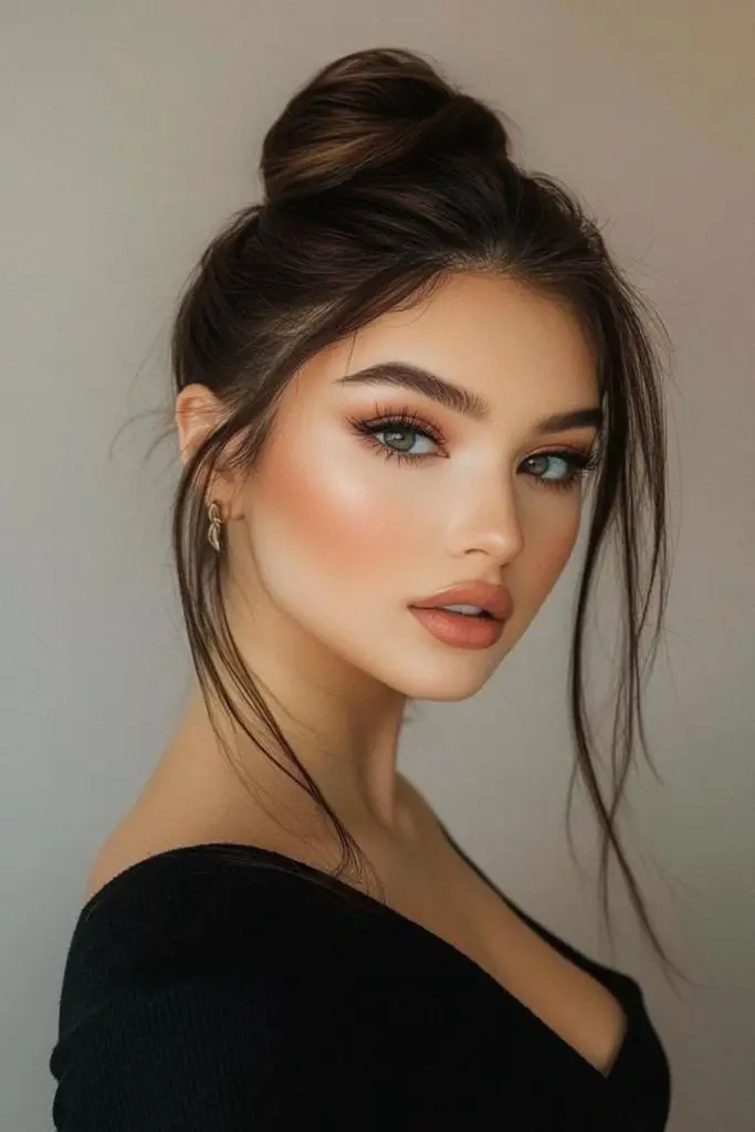 Pinned-back hairstyle emphasizing cheekbones.