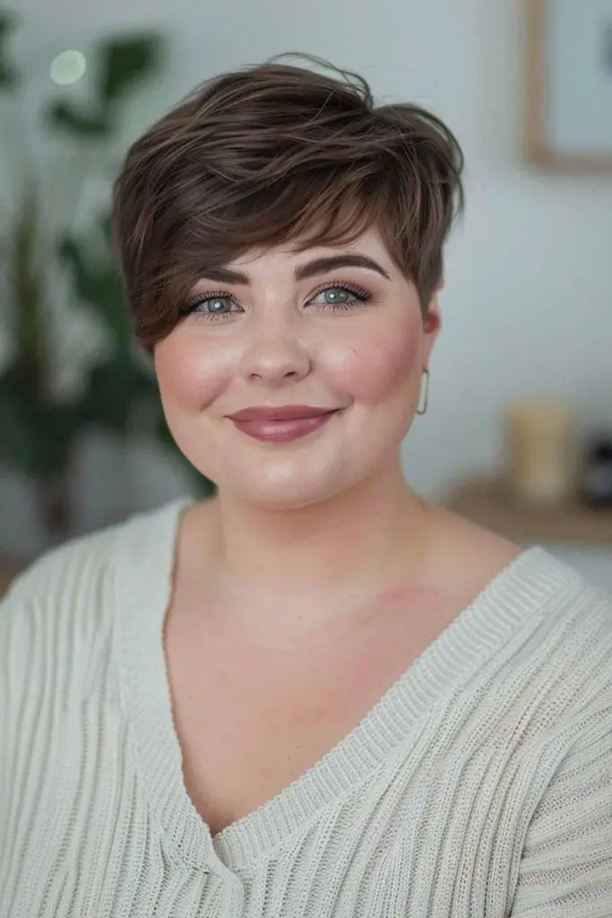 "Short pixie with side-swept bangs."
