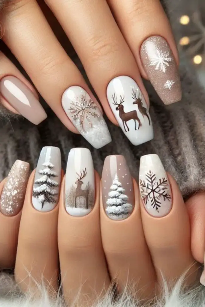 Lighthearted nails with dancing reindeer.