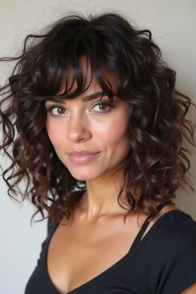 Textured fringe highlighting natural curly hair.