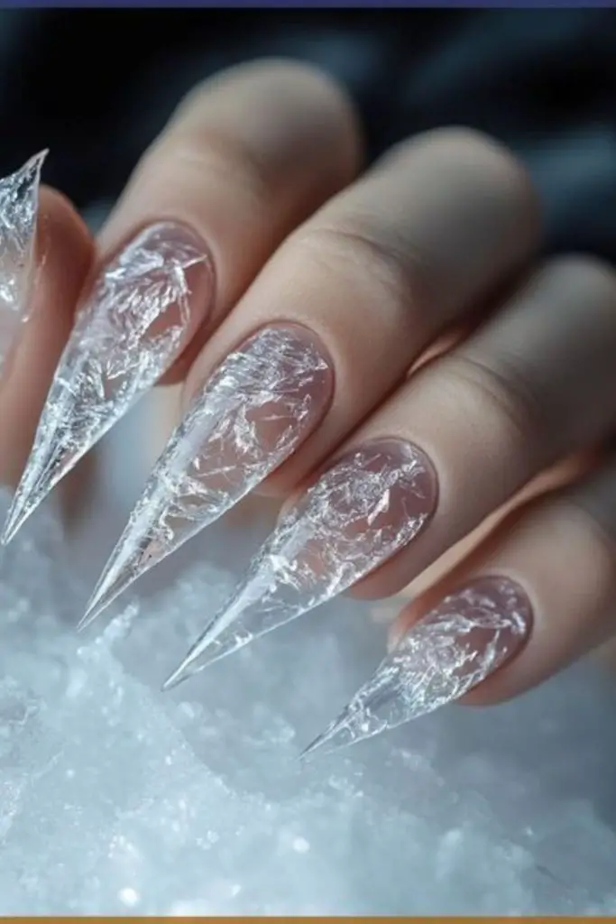 Broken glass nails mimicking shimmering ice.