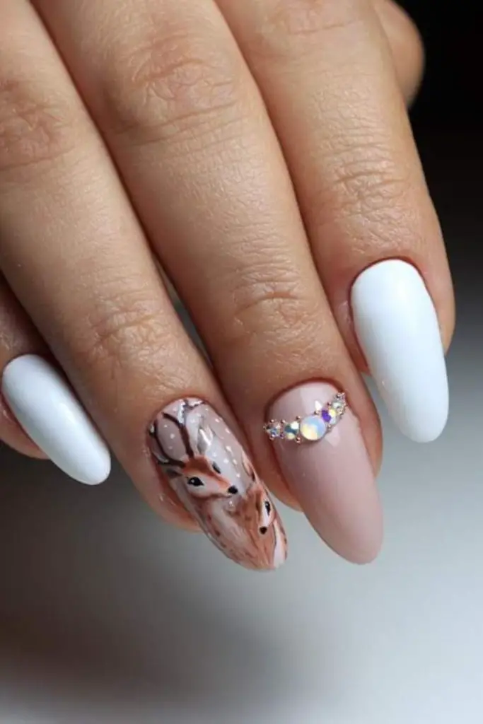 Translucent nails with holographic deer.