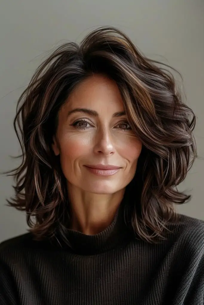 Cascading curls frame bold necklines.