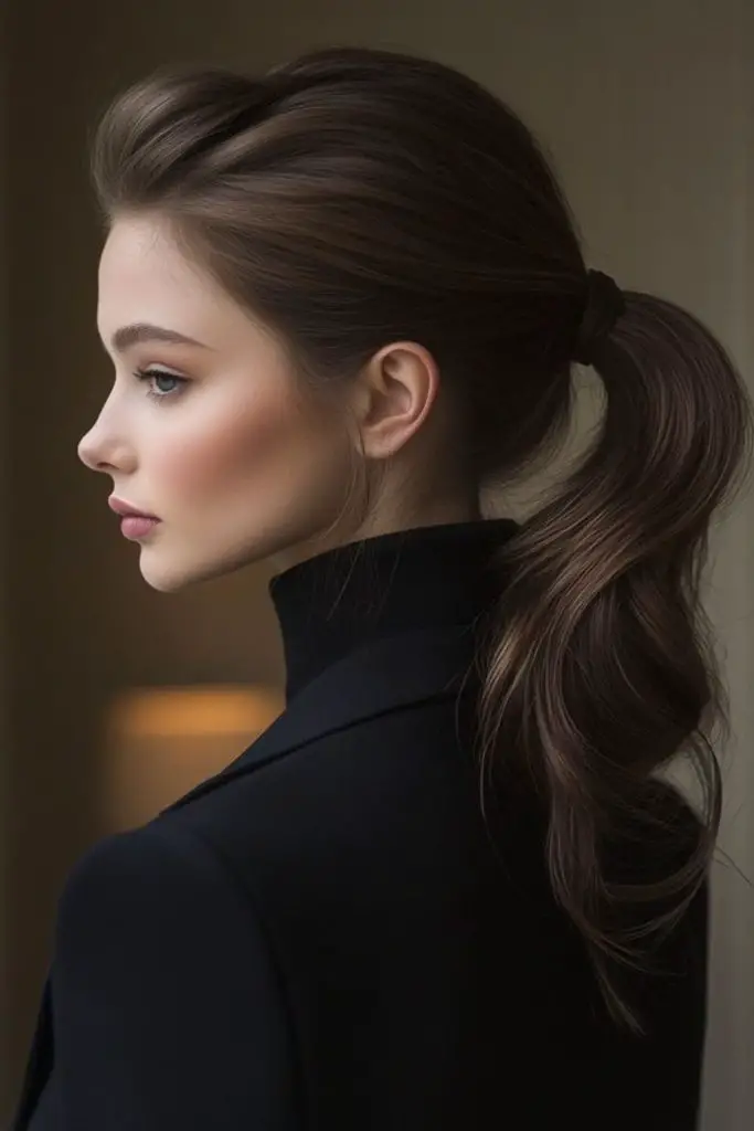Twisted ponytail balances structured layers.