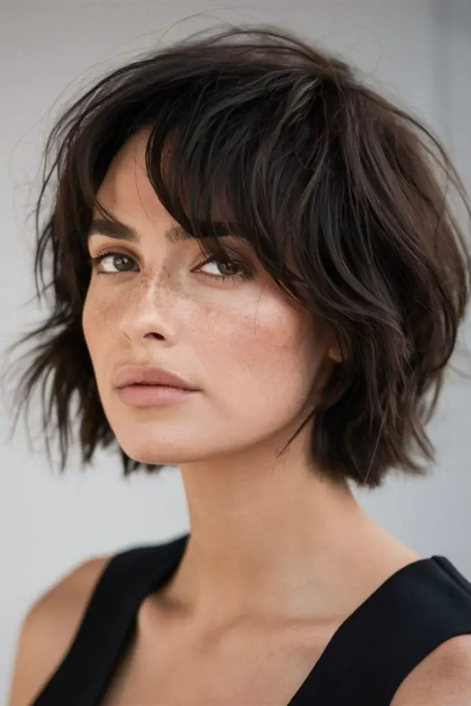 Uneven bangs blending into longer lengths.