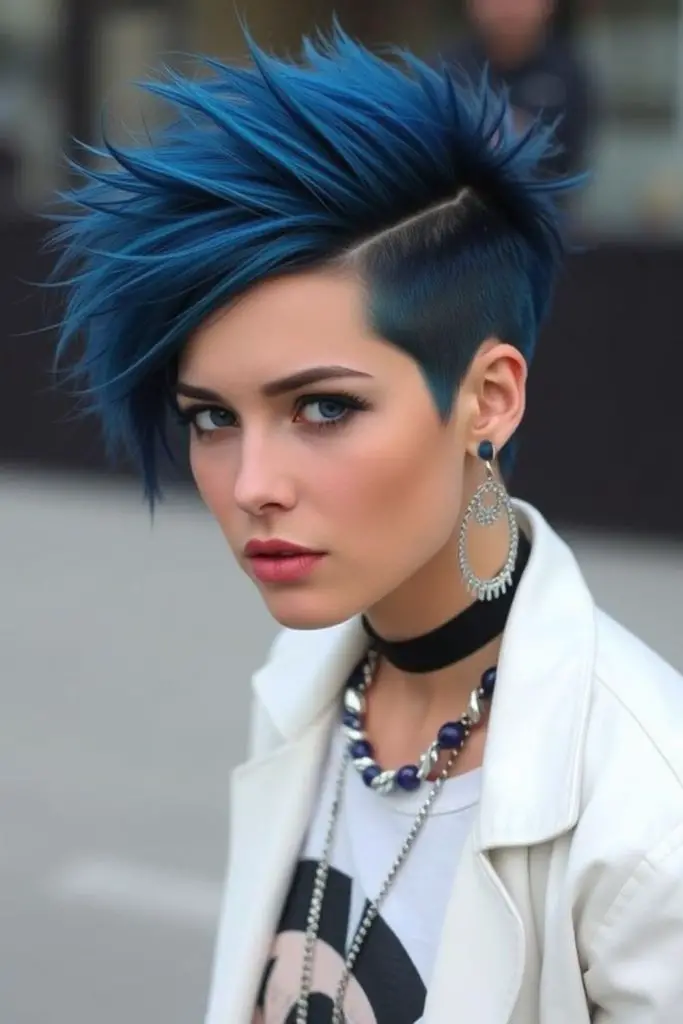 Bold cobalt spikes for punk edge.