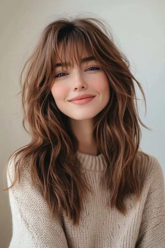 Wispy bangs blending with layered hair.
