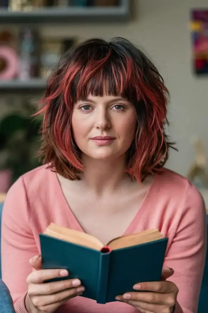 "Messy textured shag cut with bangs."