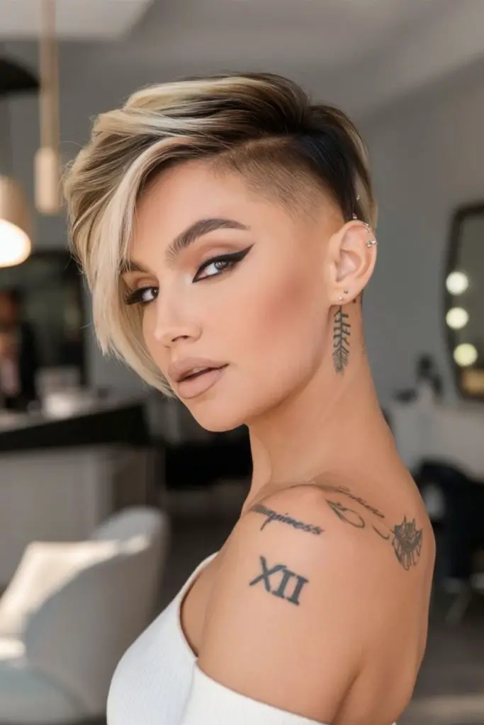Asymmetrical pixie cut with edgy contrast.