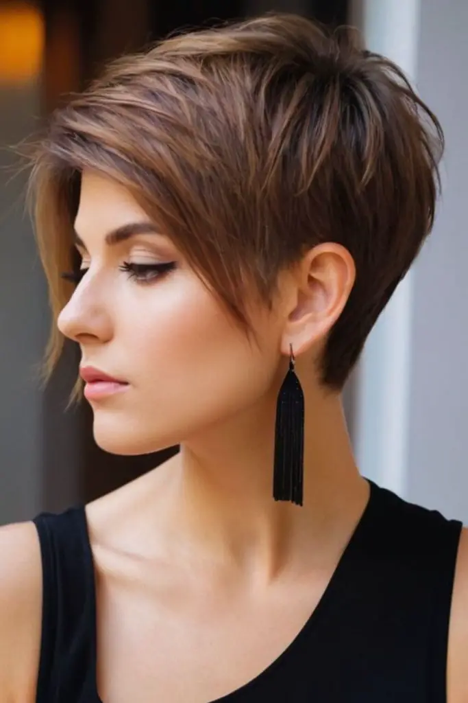 Soft, layered pixie cut with feminine flair.