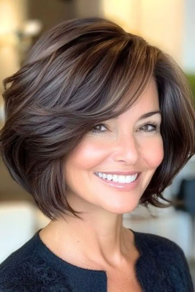 "Tousled feathered bob for a chic look."