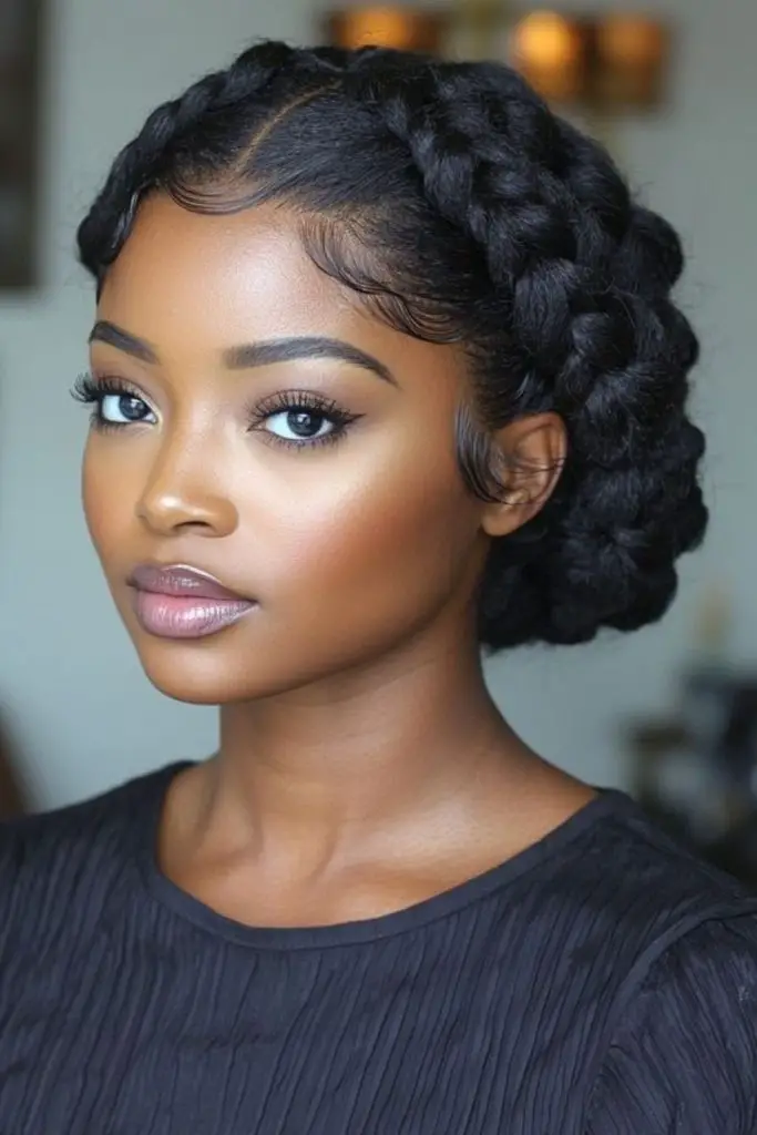 Double braids styled into a crown.