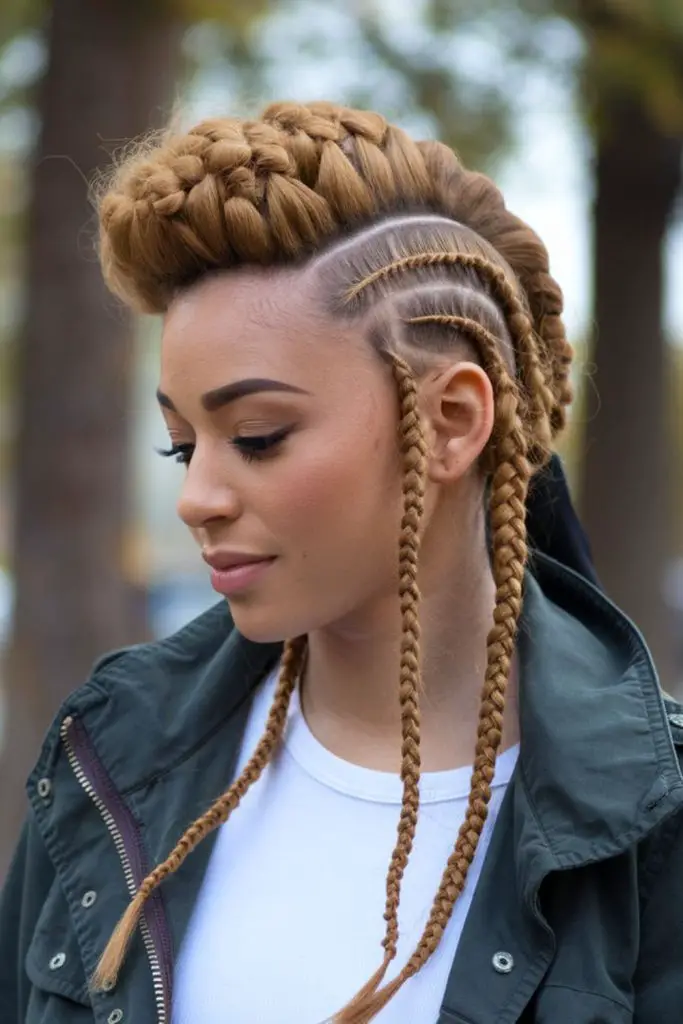 Edgy fauxhawk style with loc twists.