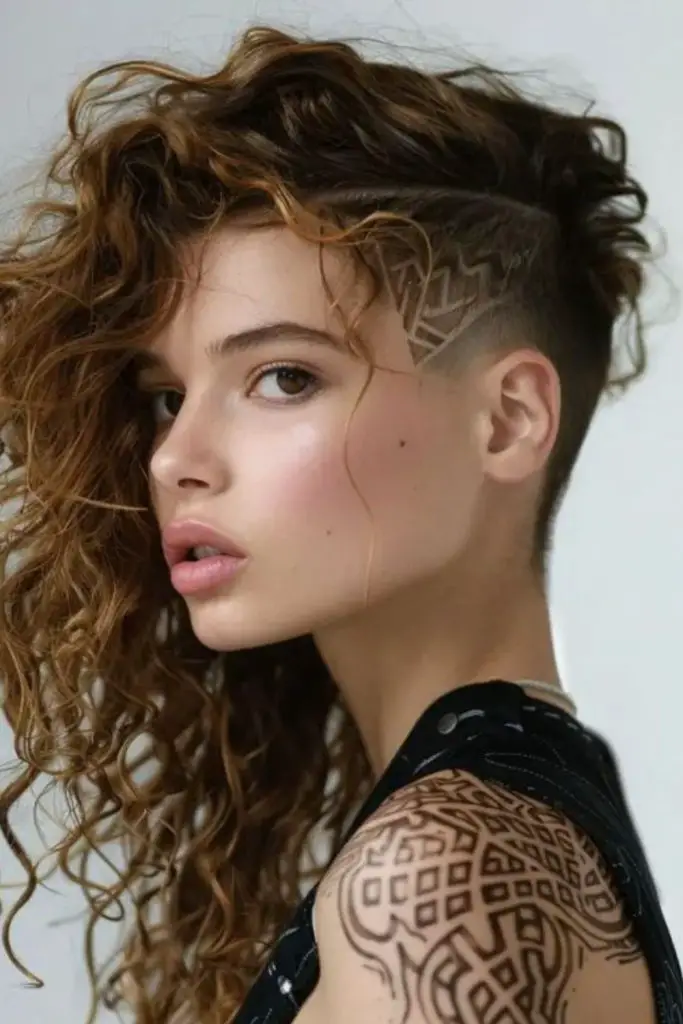 Shaved underlayer with personalized etched designs.