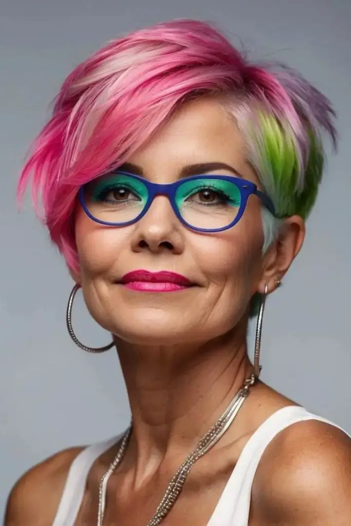 Bold hairstyle with bright color accents.