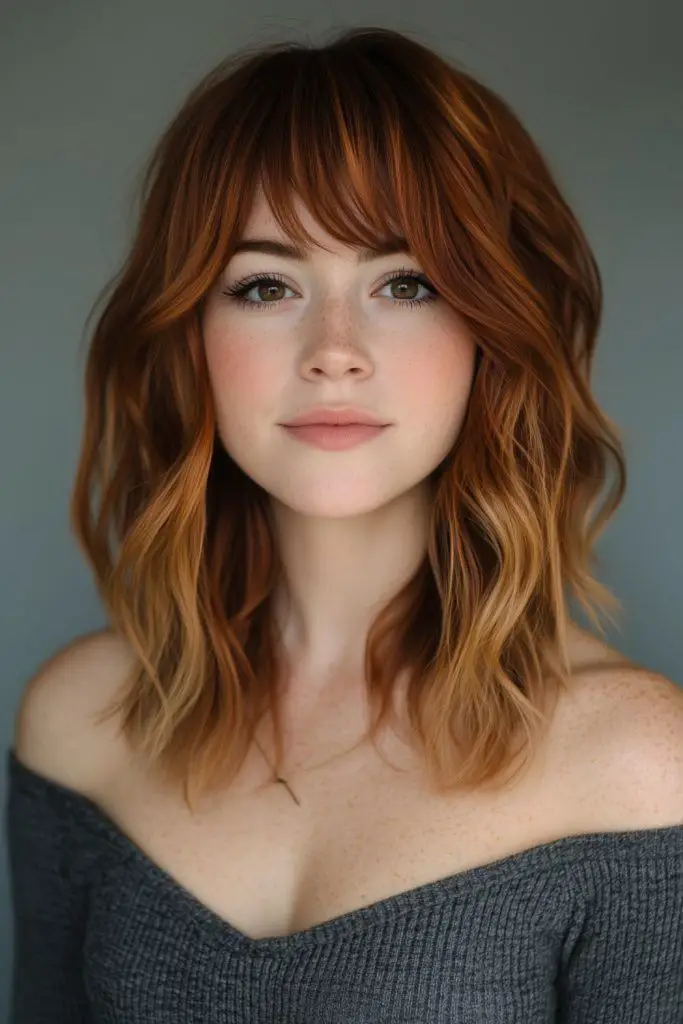 Curtain bangs with flowing, soft waves.