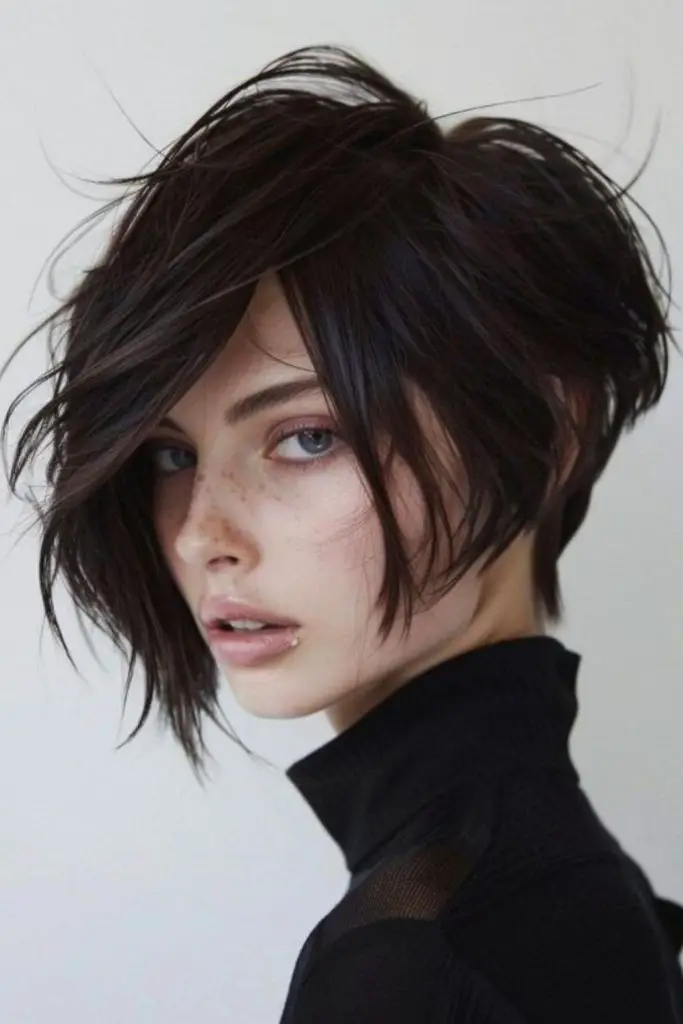 "Angled bob cut offering voluminous depth."