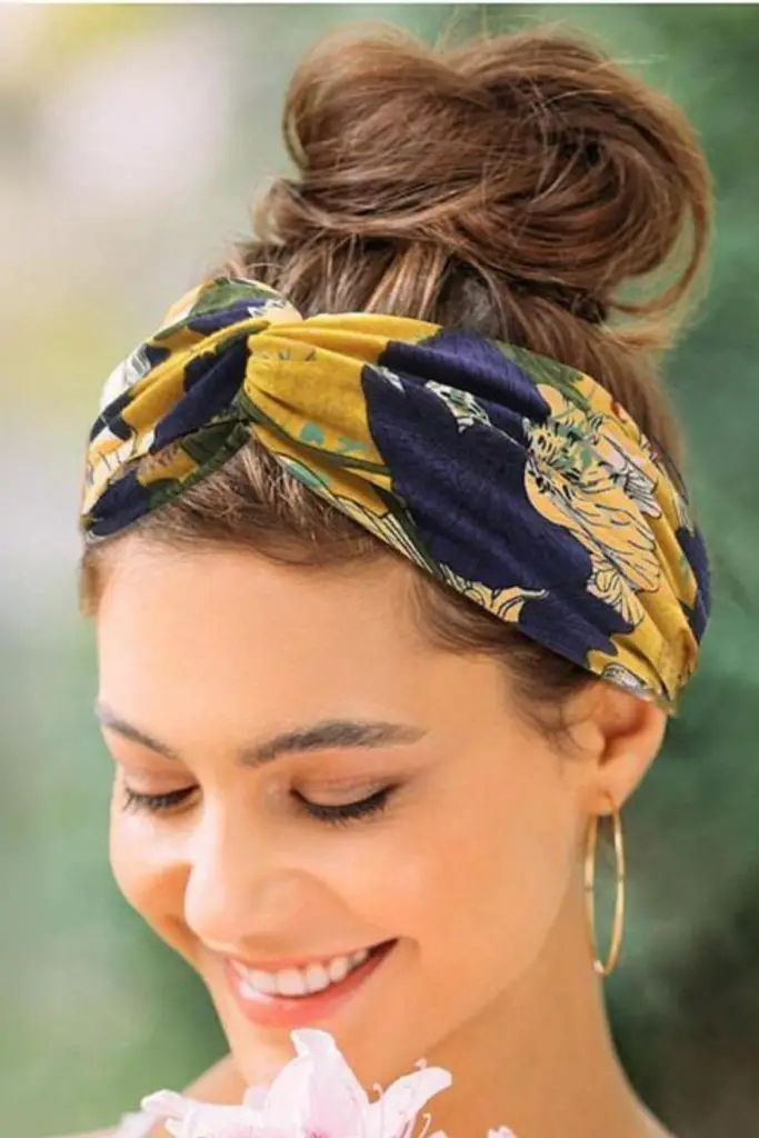 "Boho headwrap with a large bow."