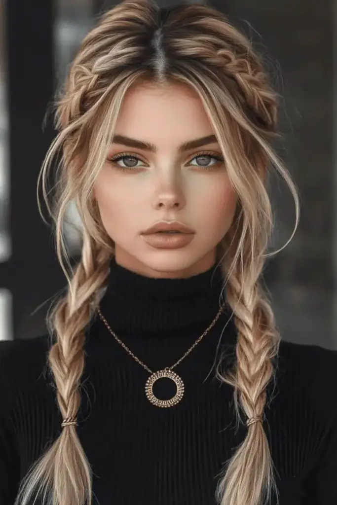 Bohemian braids on shoulder-length hair.