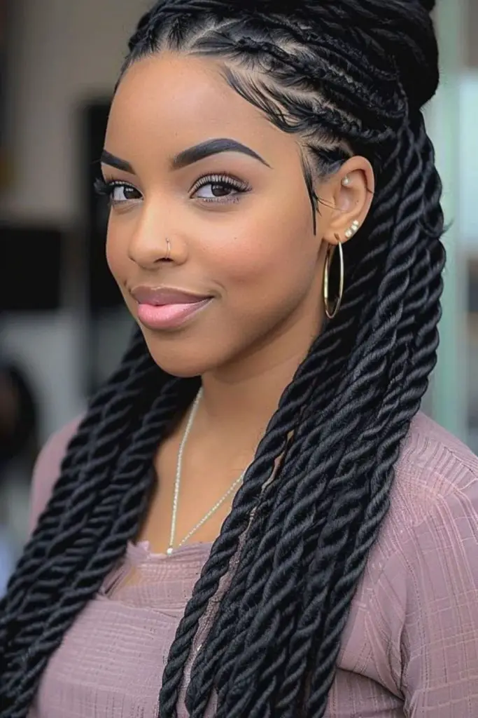 Thick braids with regal, bold elegance.