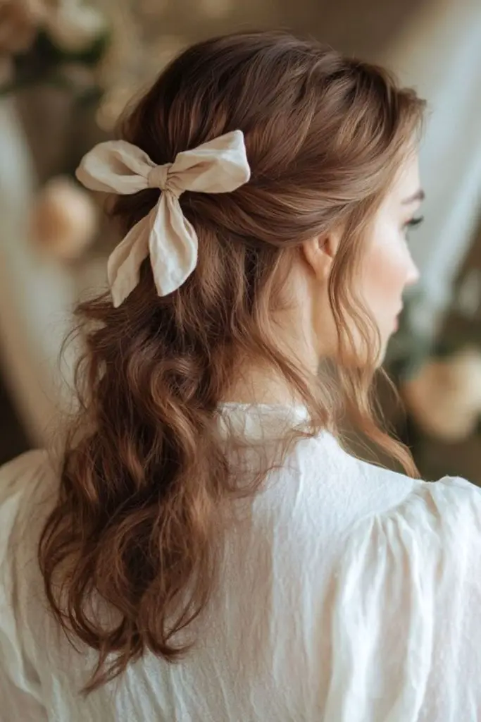 "Twisted half-updo with a cute bow."