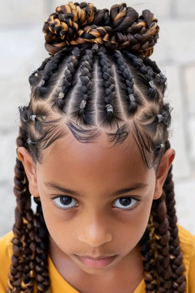 Neatly styled cornrows leading into a chic braided bun.