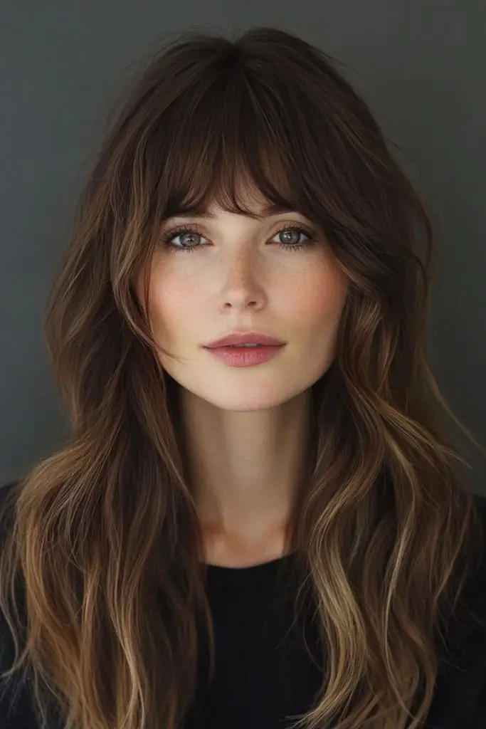Soft, feathered bangs framing the face.