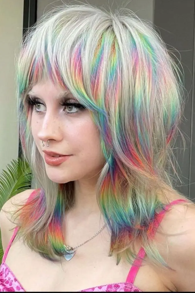 Bold, colorful bangs for a playful touch.