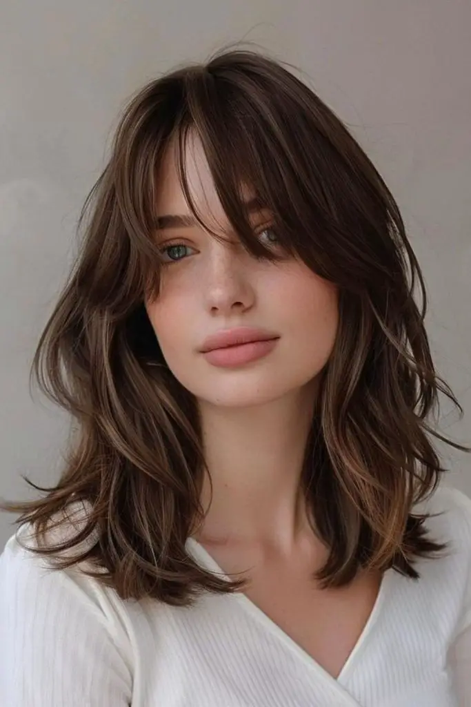 Curtain bangs framing medium-length locks.