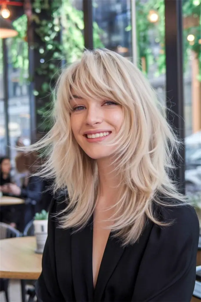 Feathered ends creating light, airy bangs.
