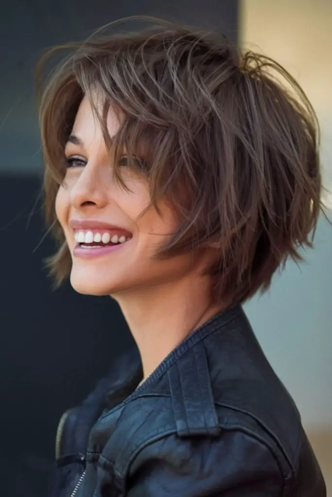 "Edgy, feminine choppy bob haircut."