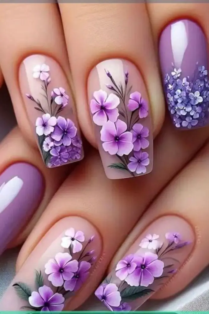 Pastel nails with intricate floral designs.
