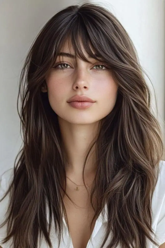 Heavy, full bangs creating a dramatic effect.