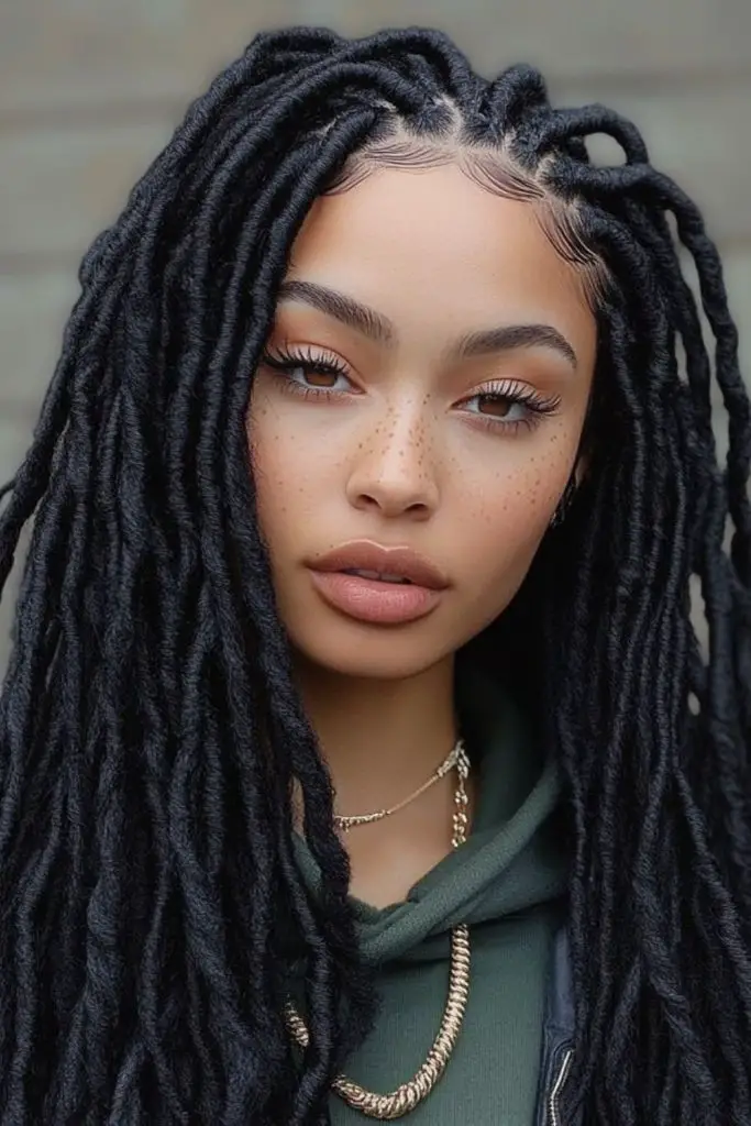 Loose, wavy locs with a glamorous touch.