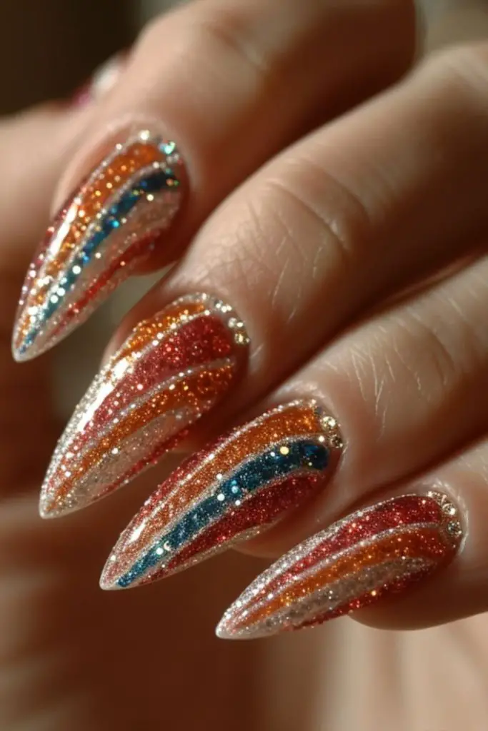 Clear nails with colorful glitter explosion.