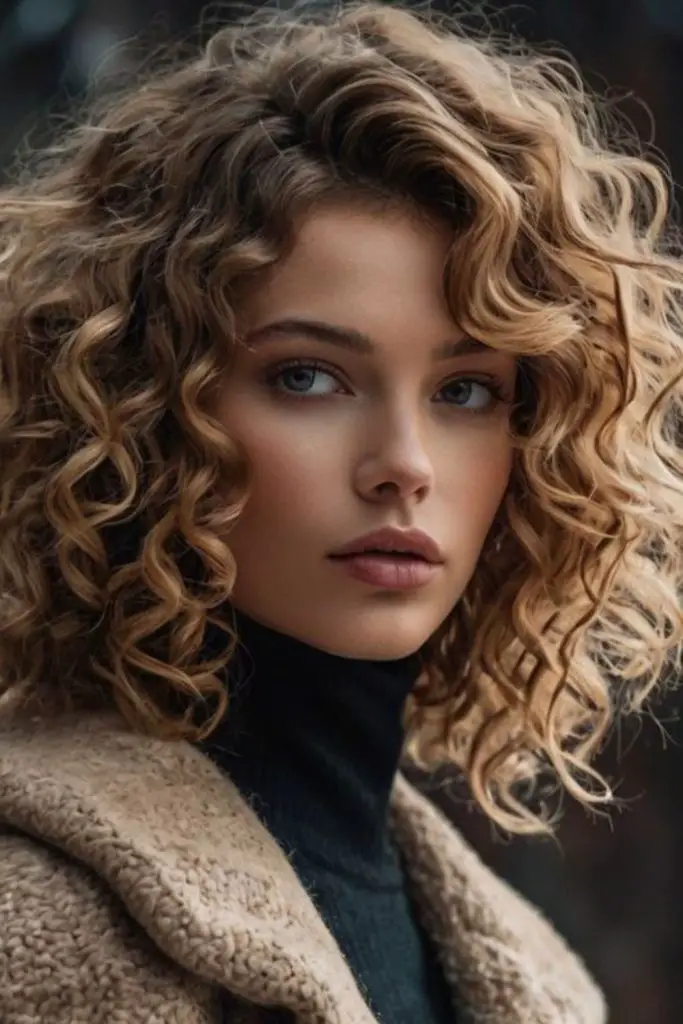 "Side-parted curls offering dramatic volume."