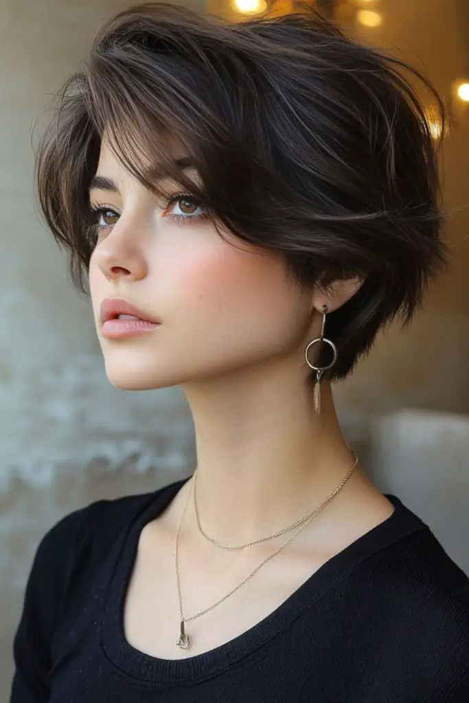 Pixie cut with side fringe and layers.