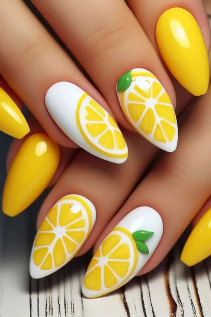 Yellow nails with daisy floral patterns.