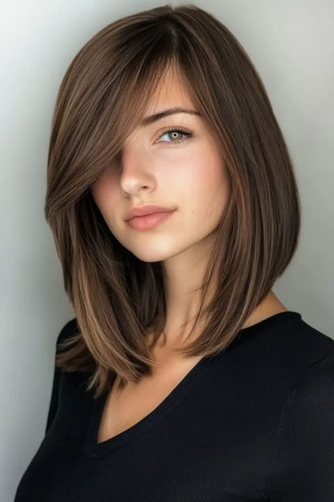 "Long bob cut with elegant volume."