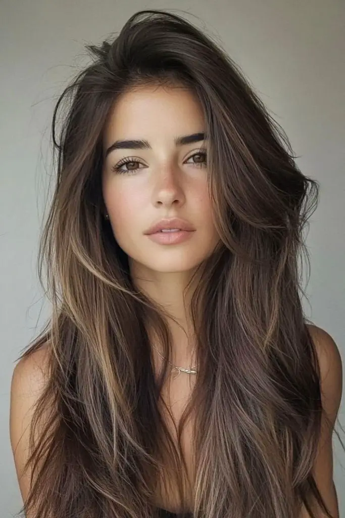 Long layered hair with subtle highlight accents.