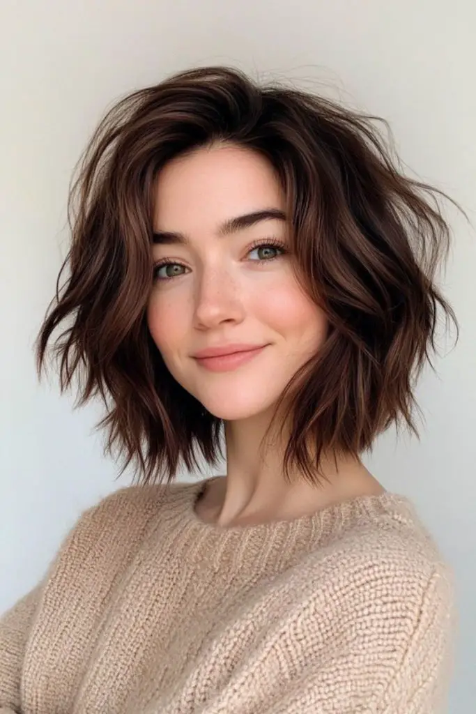 "Casual, stylish messy bob haircut."