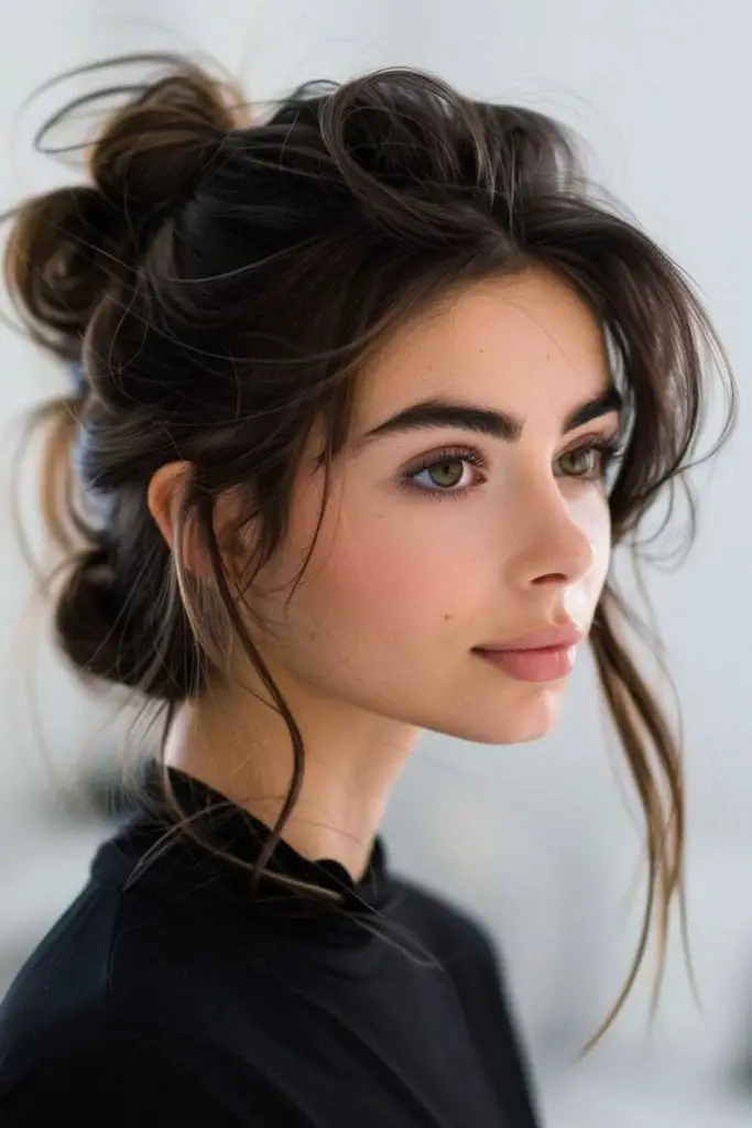 "Casual messy bun with loose tendrils."