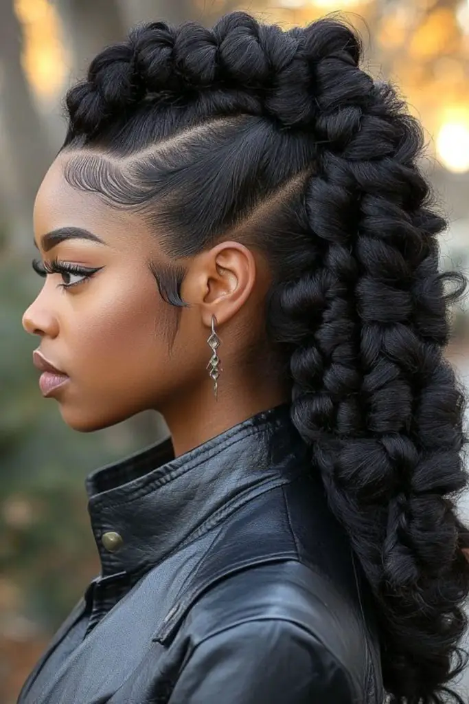 Intricate mohawk braids with creative flair.