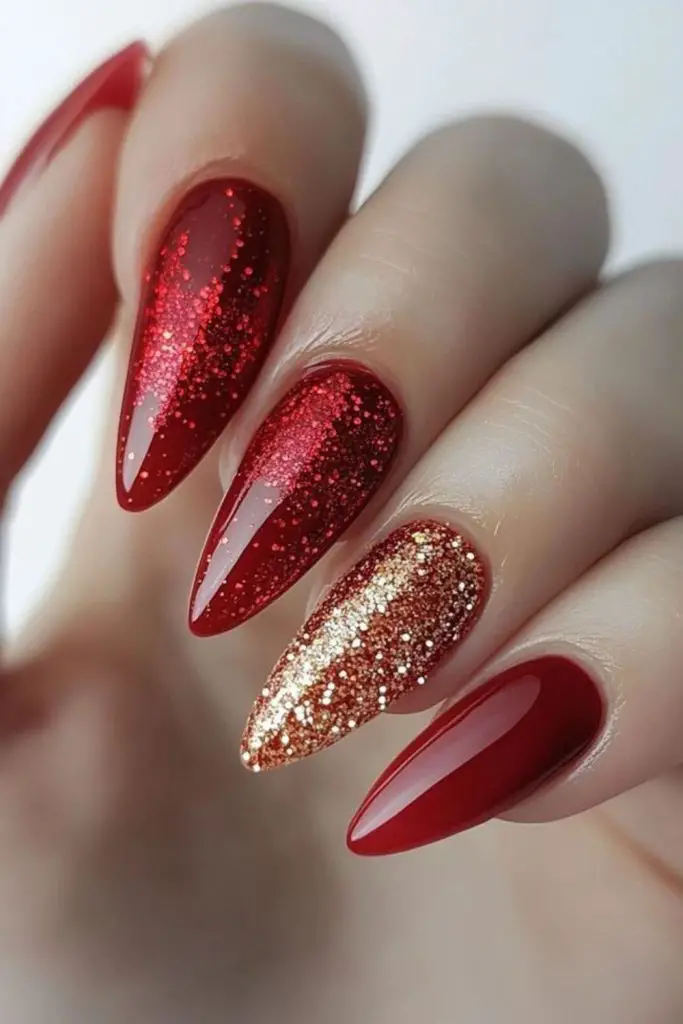 Glittery red nails with dazzling sparkle.
